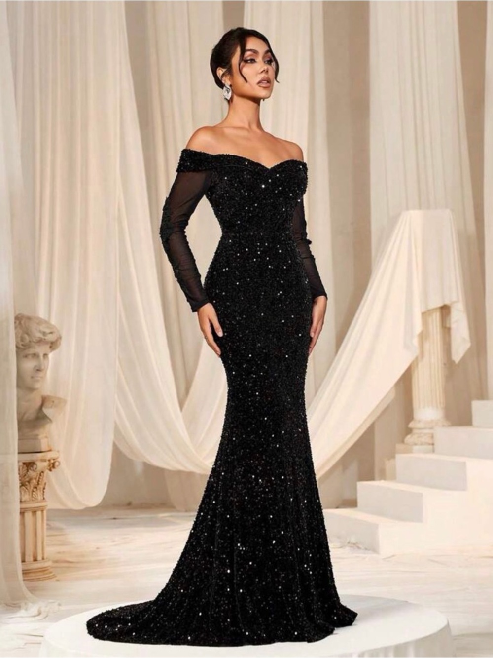 Black Sequin Long Sleeve Evening Gown Formal Dress